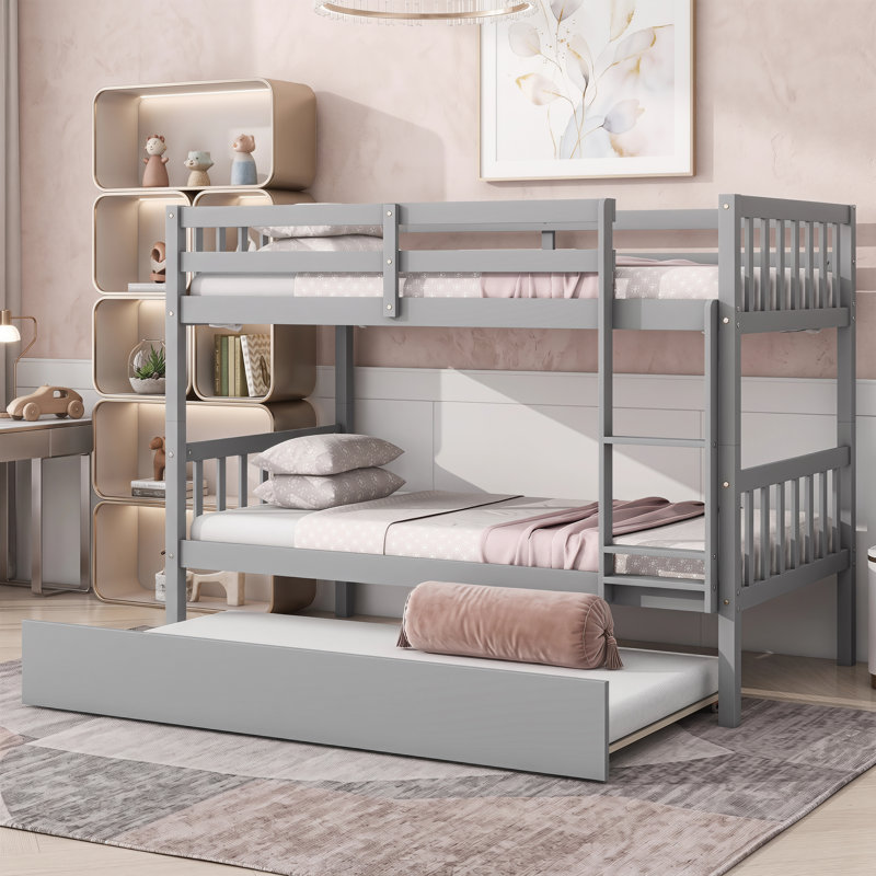 Lits simples superposés en bois d'hévéa avec lit gigogne, lits simples convertibles avec échelle et garde-corps, Gris