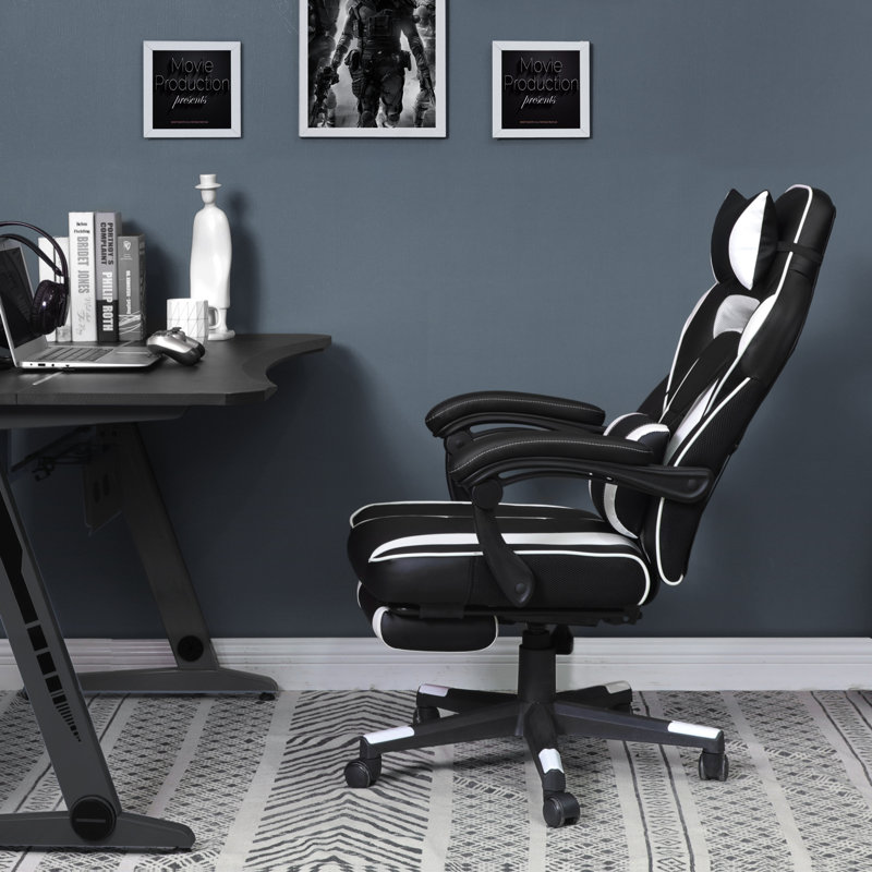 Brayden Studio Mcgaughey Adjustable Reclining Ergonomic Swiveling PC & Racing Game Chair with Footrest in Black, White/Black