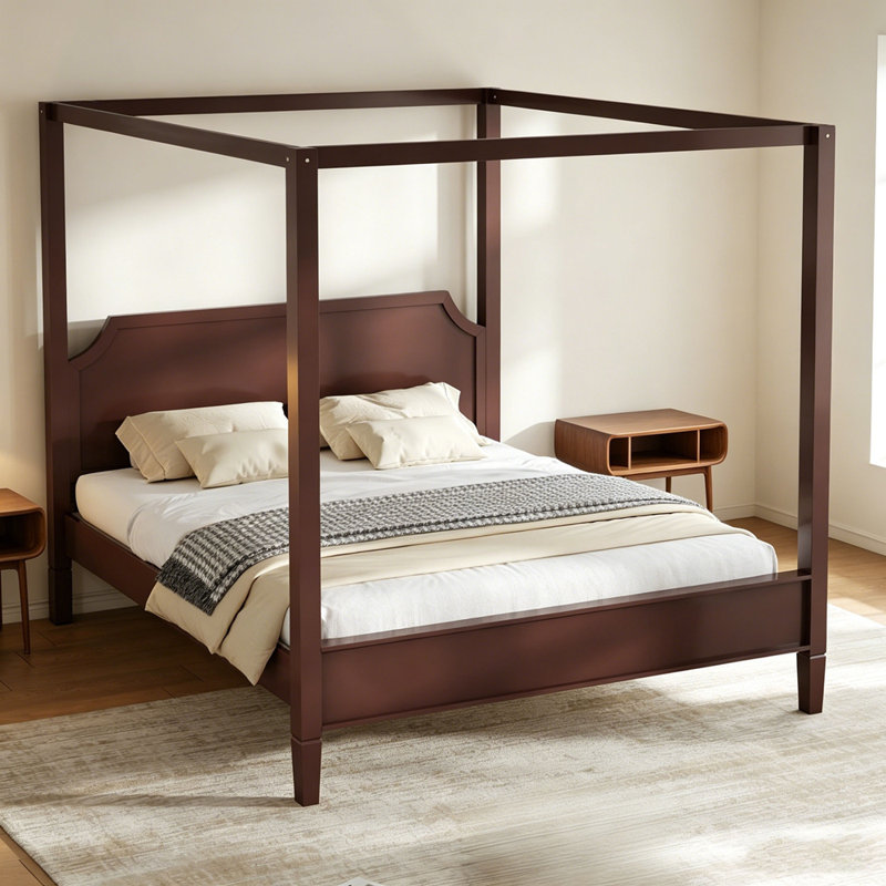 Lit plateforme à baldaquin en bois avec tête de lit et pieds de support, Walnut, Queen