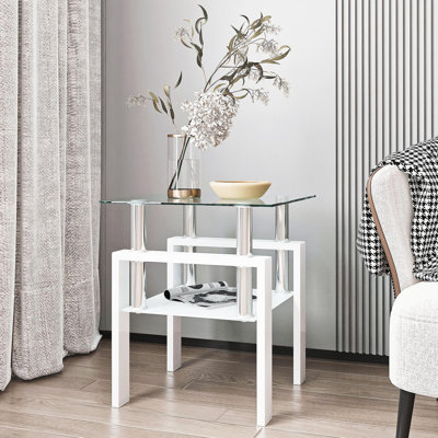 Table de bout moderne en verre trempé 1 pièce, table de bout, table carrée pour le salon, transparent / blanc
