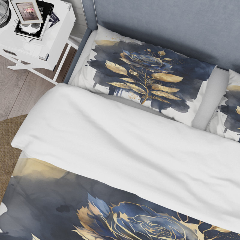 Ensemble de housse de couette en microfibre / polyester peint bleu et or rose sur blanc III Bedding