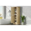 Grande armoire de rangement pour salle de bain, armoire de rangement autoportante avec crochet et tablette réglable, panneau de fibres à densité moyenne, naturel