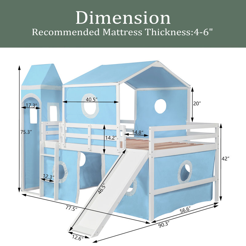 Lit mezzanine double avec tente coulissante et tour, Bleu