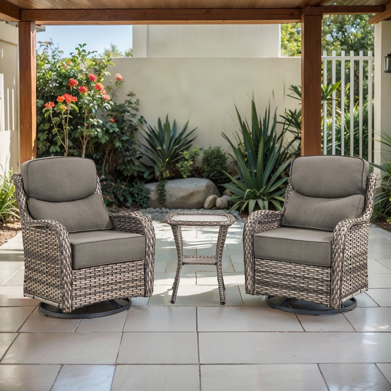 Deb 3-Piece Outdoor Conversation Set with Wicker Swivel Rocking Chairs and Side Table, Gray, Gray