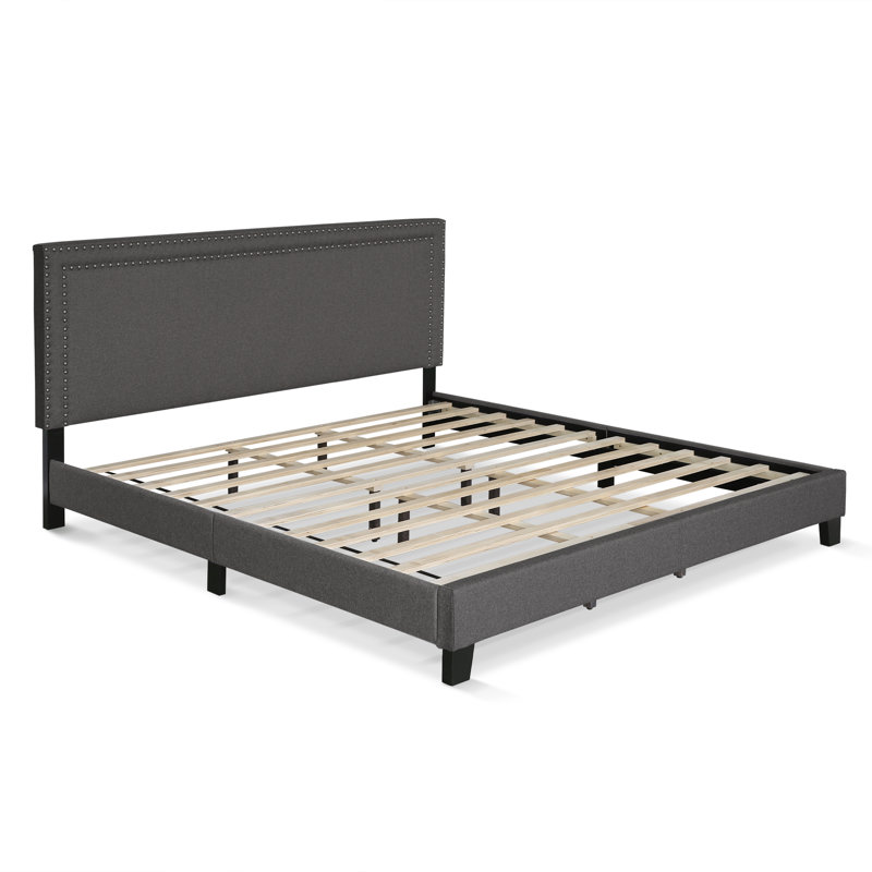 Carlester Upholstered Slat Bed, King, Stone, 100% Linen