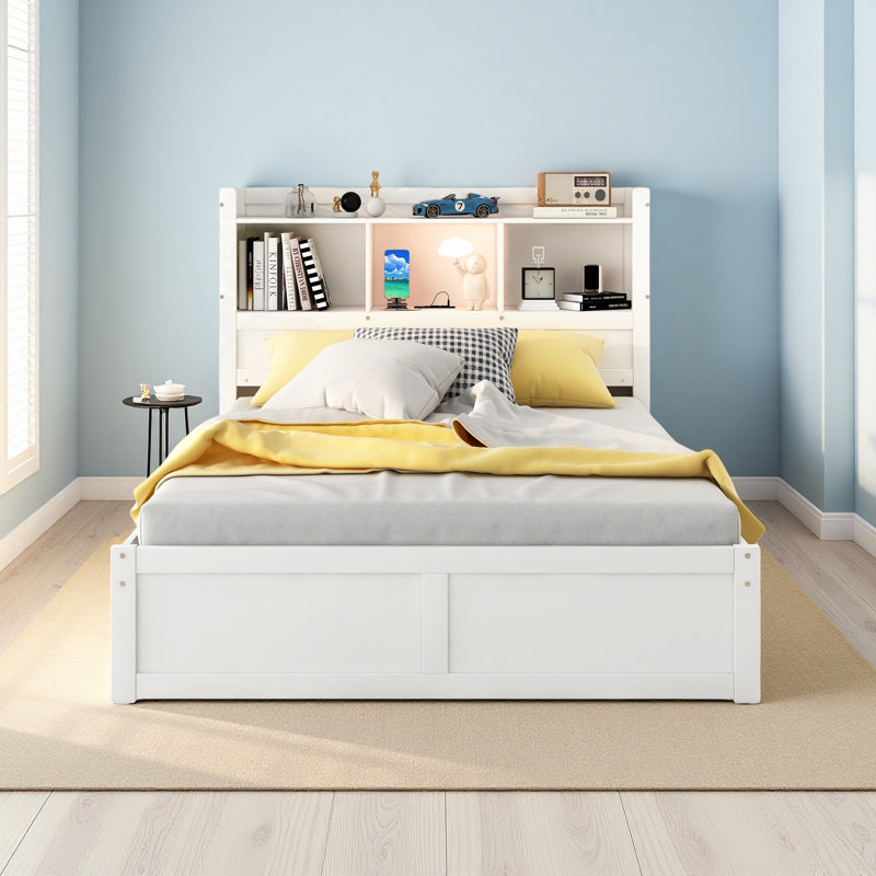 Lit plateforme double avec tablettes coulissantes, Blanc
