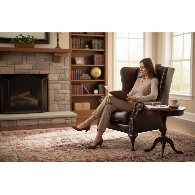 Upholstered Full Grain Leather Wingback Chair, Antique Brown
