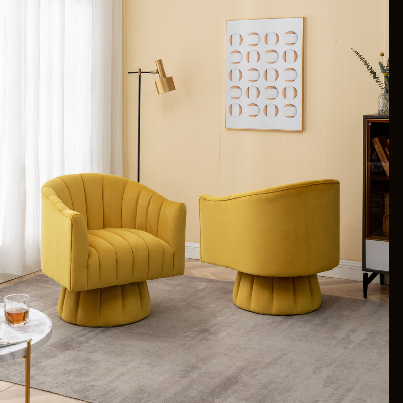 Fauteuil demi-tonneau pivotant en velours capitonné de 28 pouces de largeur Murrow, Velours jaune