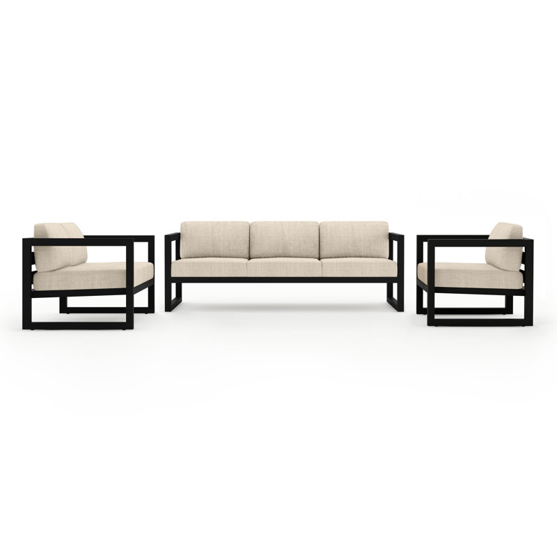 Avion 3 Piece Sofa Loveseat Set, Canvas Flax Sunbrella® Canvas, Black