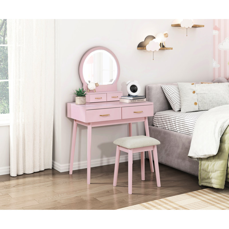Coiffeuse rose avec tabouret et miroir pour la chambre à coucher - Unité de rangement fonctionnelle 4 tiroirs