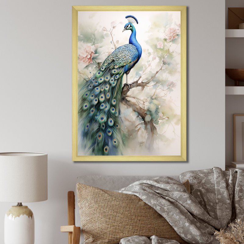 Baldassarre bleu encre délavée paon II - paon grand art mural, H 32 po x l 16 po, Cadre doré simple