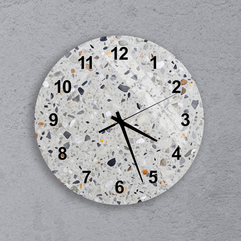 Horloge murale Terrazzo, motif de pierre moderne, montre ronde en verre trempé, décor de béton industriel gris, art mural de cuisine minimaliste