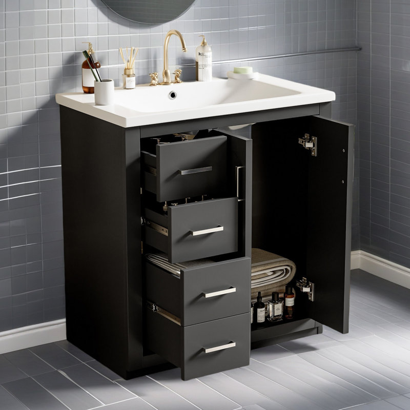 Ensemble de meuble-lavabo 30 po avec lavabo en céramique, armoire de rangement en bois massif, ensemble de meuble-lavabo autoportant avec 3 tiroirs et portes à fermeture douce
