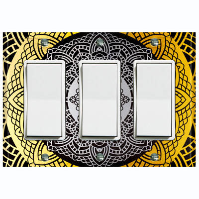 Metal Light Switch Plate Outlet Cover (Yellow Black Mandala Circle  - Triple Rocker)