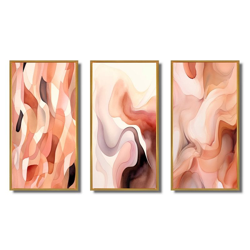 Nutshell Waves Abstract Watercolor - Abstract Shapes Art Set Of 3 Pieces, Encadrement doré, H 28 po x l 36 po