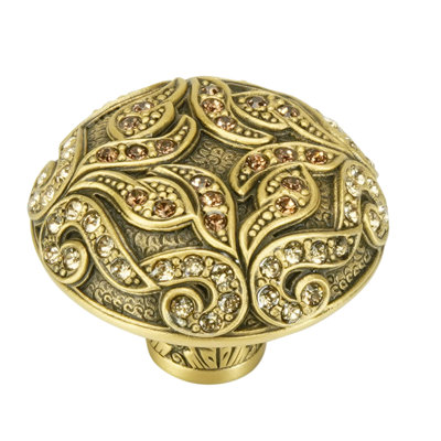 TRESCOTT KNOB; DECORATED WITH SWAROVSKI® LT. SMOKE & LT. COLORADO CRYSTAL; MUSEUM GOLD