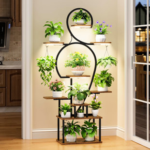 Indoor Plant Stand With Grow , 9 Tiered 63" Tall Metal Display, Chinese - Modern Style For Balcony And Living Area, Brown Walnut Hue, Horizontal Shelf Design Large Type Multiple Plants In Primary