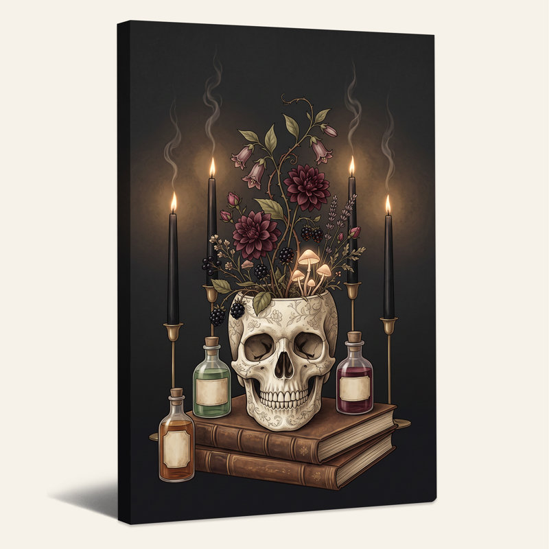 Art mural sur toile Halloween crâne avec fleurs et champignons, H 18 po x l 12 po