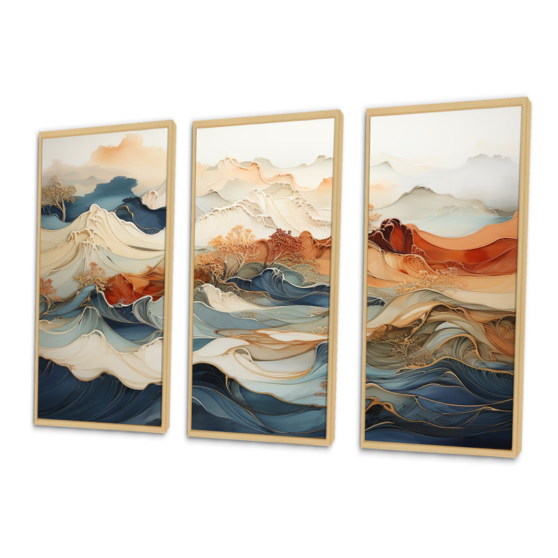 Abstrait orange et bleu, rivière bleue, encre III, ensemble d'art sur toile marbrée, H 32 po x l 48 po x P 1 po
