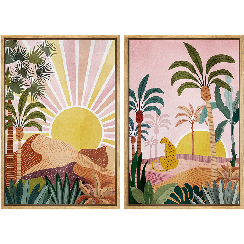 «Bright Preppy Animals Sunlight Over Tropical Jungle Cheetah Cat Nature», ensemble de 2 impressions encadrées sur toile
