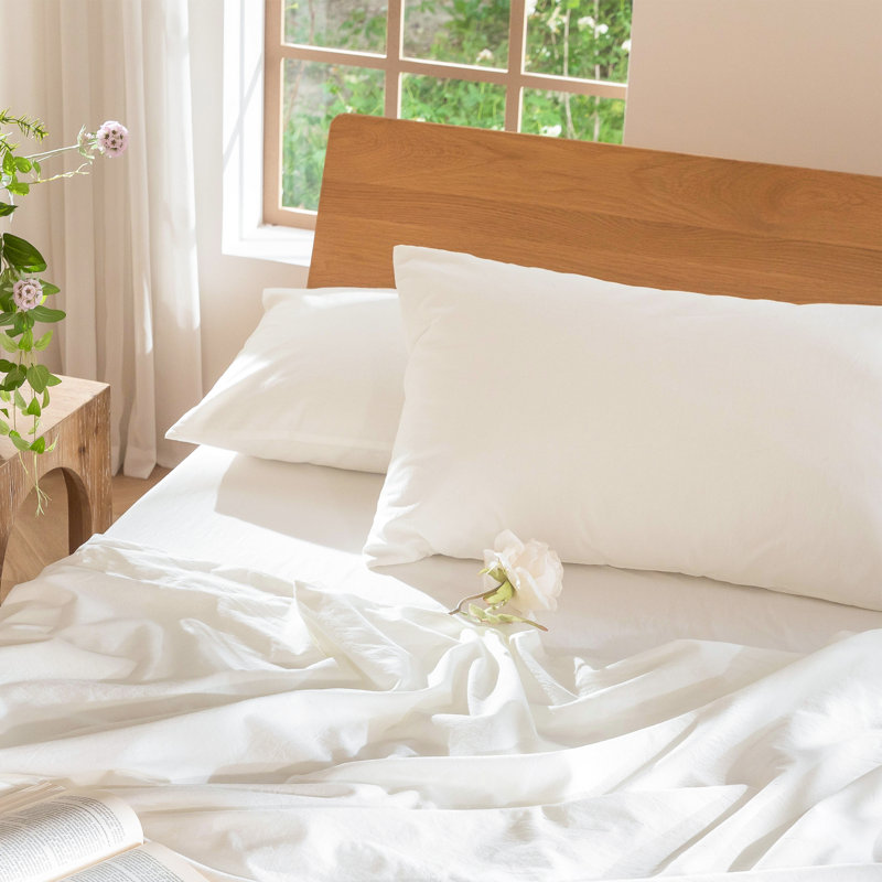 MooMee Pillowcases Envelope Closure 100% Washed Cotton Linen Like Textured Breathable Soft, Off White, Queen (20" x 30")