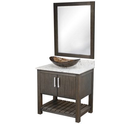 Meuble-lavabo simple de 36 po avec comptoir en quartz café moka, lavabo vasque en verre, miroir et quincaillerie chromée