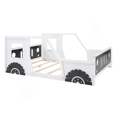 Lit plateforme double classique en forme de voiture avec roues, blanc