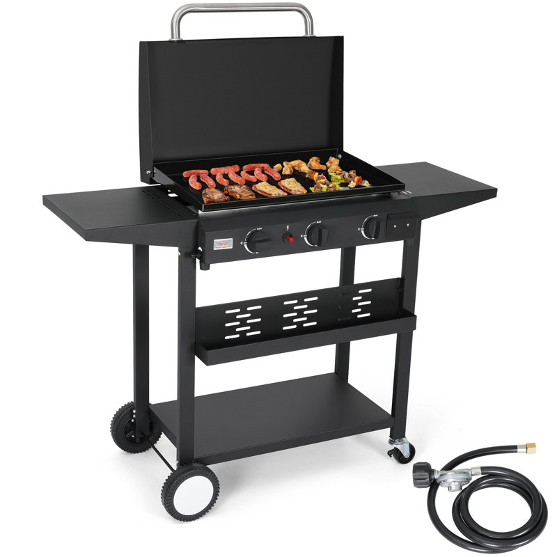 Barbecue au propane, plaque chauffante d'extérieur pliable 23/32 po, barbecue au gaz en acier inoxydable 24 600/45 000 BTU, plaque chauffante à 3 brûleurs avec roulettes et tablettes pour les barbecues de patio, camping