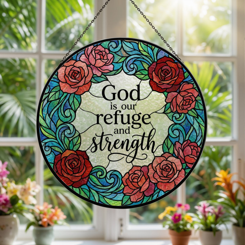 7.8"H Rose Vine Stained Glass Window Panel, 7.8" H x 7.8" W
