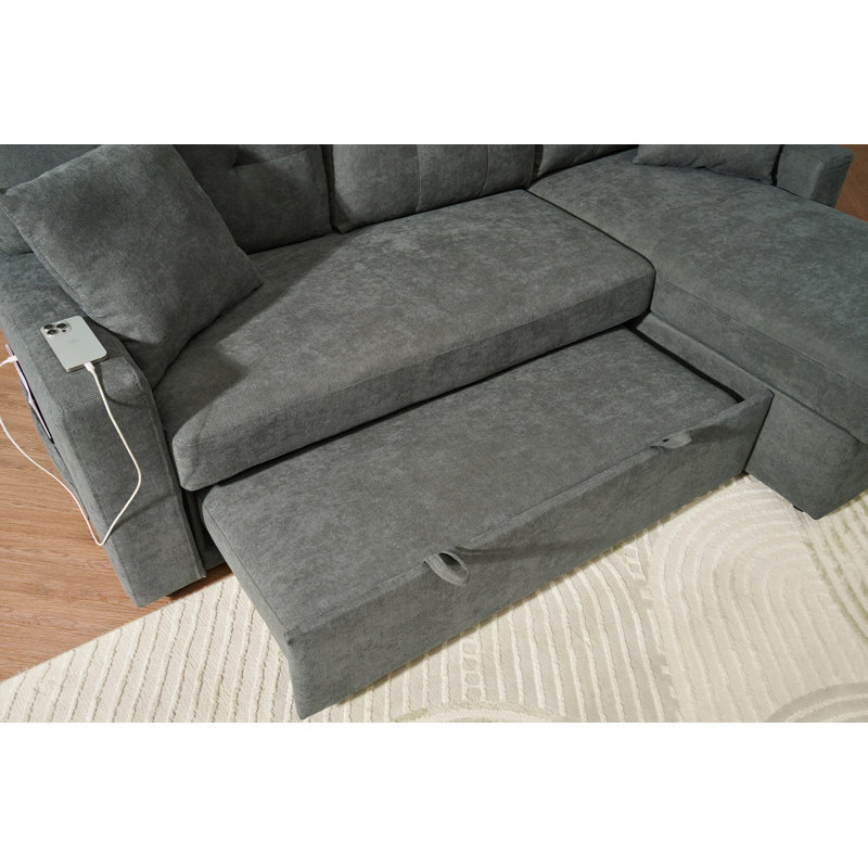 Canapé-lit modulaire en L avec canapé USB et port USB, canapé-lit réversible avec lit escamotable, méridienne avec rangement, canapé-lit pour salon