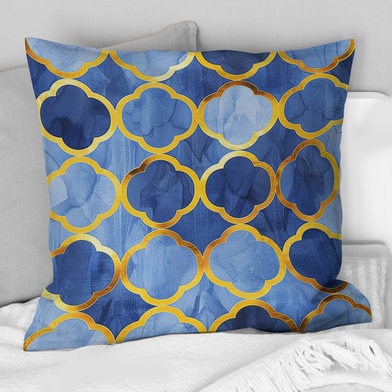 Coussin moderne moderne bleu doré Trellis Glam I, H 18 po x l 18 po