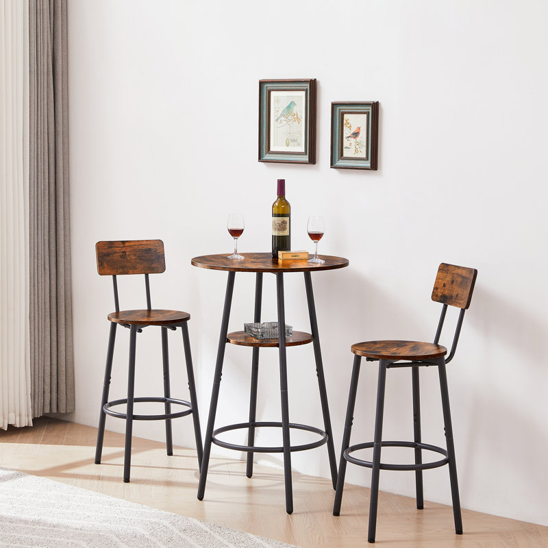 Round bar stool set with shelves, stool with backrest, Rustic Brown, Brown