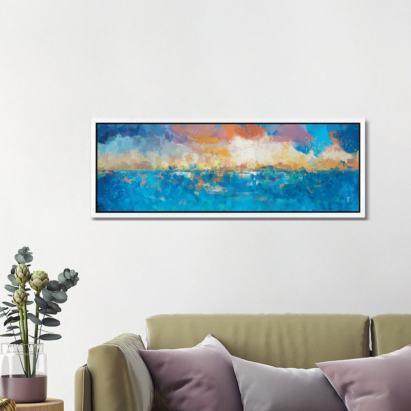 Sunset Seascape I by Van Credi - Panoramic Painting on Canvas, 40.64cm H x 121.92cm W x 3.81cm D, White Framed