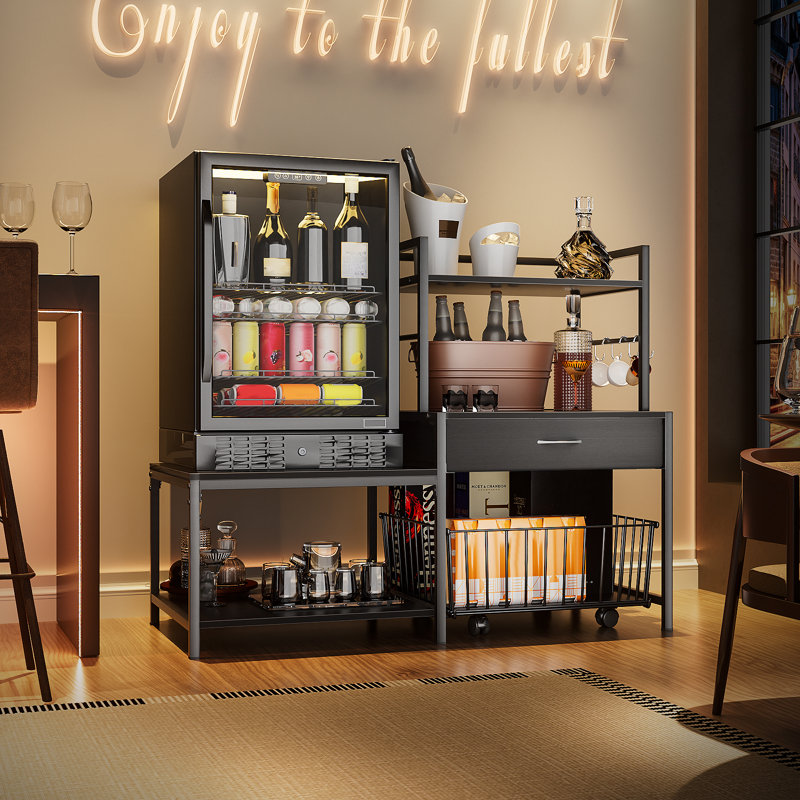 Mini-support de réfrigérateur avec panier de rangement mobile, mini-support de réfrigérateur avec tablettes, table de réfrigérateur à vin robuste avec prise d'alimentation pour un usage domestique (noir)