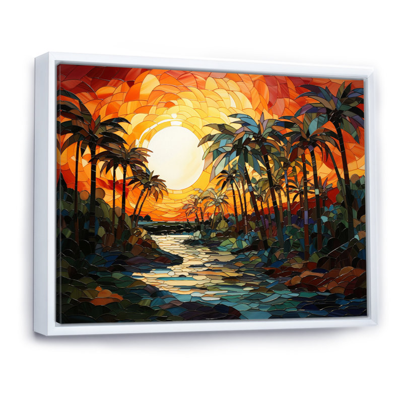 Palmiers orange mosaïque VI - impression, H 34 po x l 44 po x P 1,5 po, Cadre flottant blanc