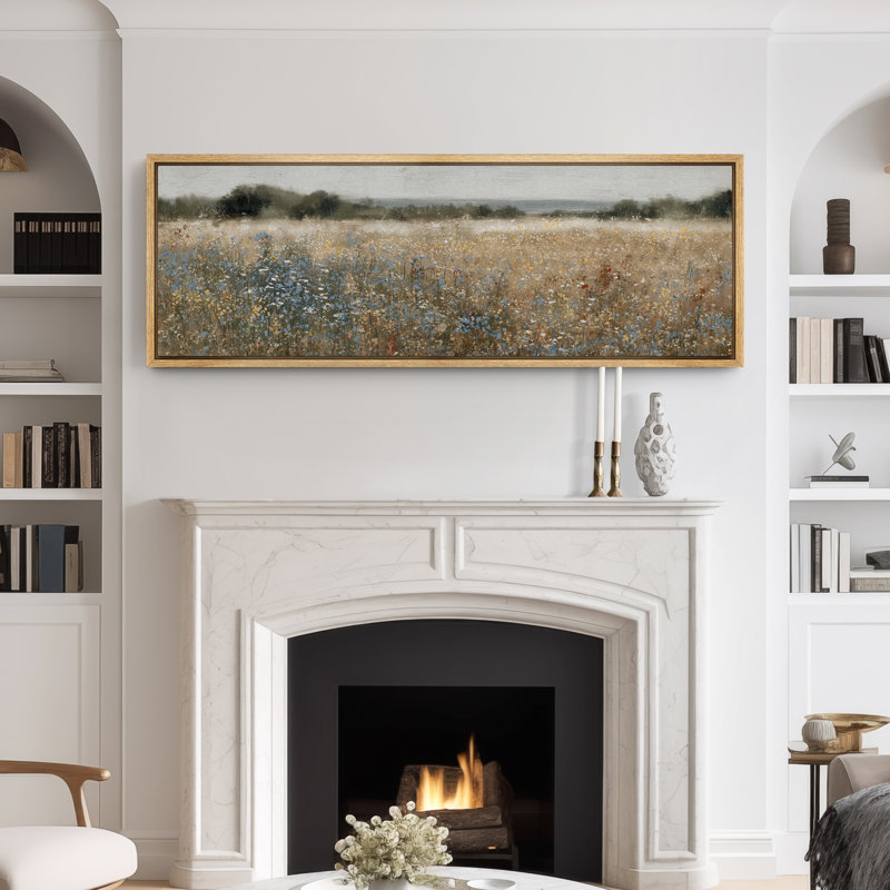 Grande impression sur toile encadrée - impression de paysage de champ de fleurs sauvages rétro pour décor de maison de campagne moderne