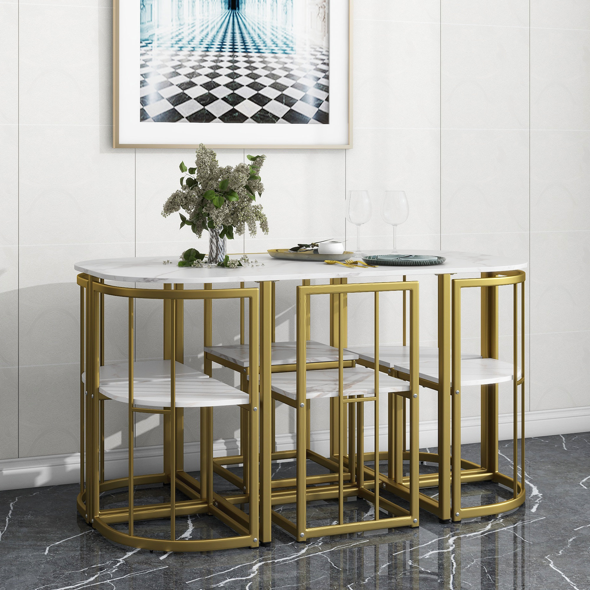 Mercer41 TOPMAX Modern 7-Piece Dining Table Set With Faux Marble ...