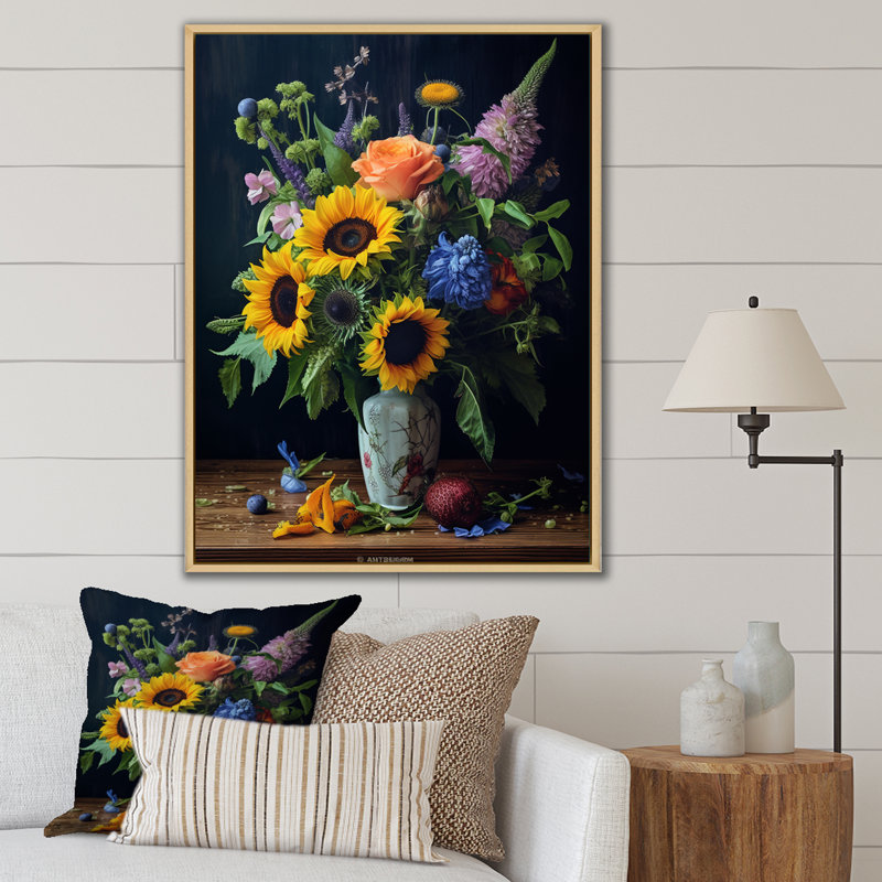 «Blossoming Sunflower Bouquet» avec impression sur toile, H 20 po x l 12 po x P 1 po, Cadre naturel flottant