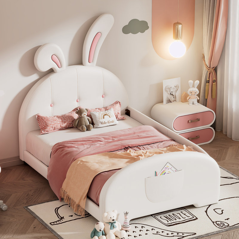 Lit simple tapissier en forme de lapin Princess, lit plateforme simple avec tête et pied de lit, Rose