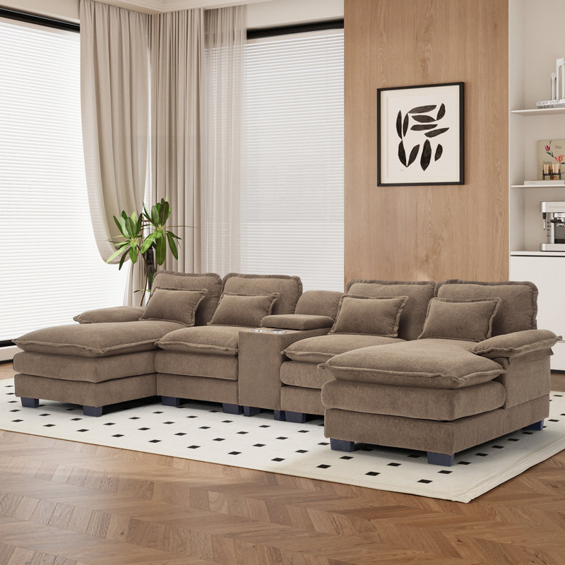133" Oversized Chenille U Shaped Sectional Sofa with Storage Console Cup Holders and USB, Light Brown Chenille