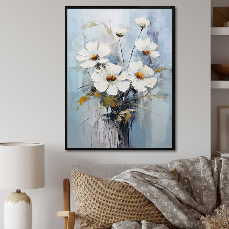 " White Daisy Bloom Bouquet Elegance ", 32" H x 16" W x 1" D, Black Floater Framed