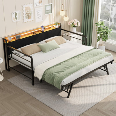 Lit de jour simple avec lit gigogne et DEL RVB, tête de lit tapissier avec station de charge, structure en métal pour chambre d'amis