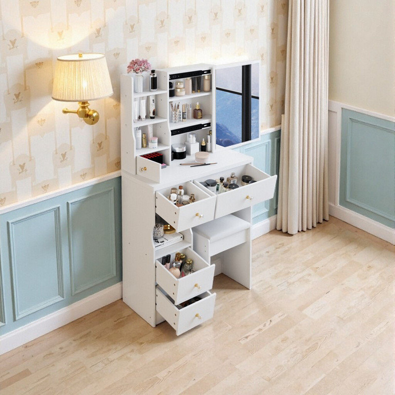 29 Inch Compact Vanity Desk with Sliding Mirror, Space-Saving Dressing Table and Stool Set, White