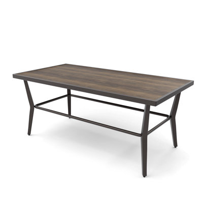 Outdoor Patio Coffee Table with DPC Tabletop and Steel Frame, Wood-Grain Surface, Bent Legs and Adjustable Feet