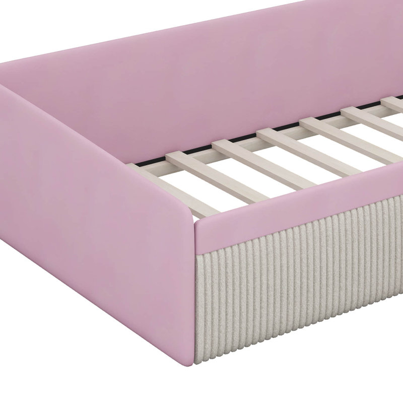 Velvet Upholstered Daybed With Stairs & Gas Lift Storage Ottoman, Contrast Color, Padded Guardrails, Twin, Pink/White