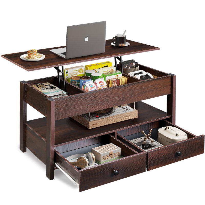 Table basse, table basse à plateau relevable avec 2 tiroirs, grand rangement et tablette ouverte, plateau de table relevable pour le salon, table de salle à manger