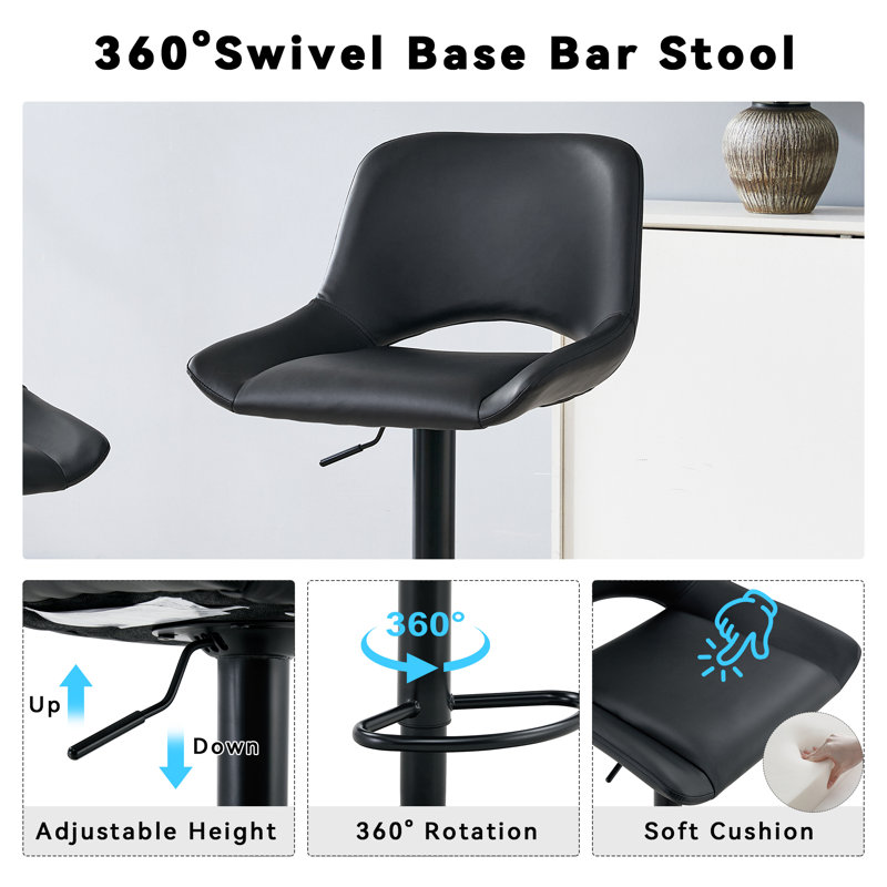  Faux Leather Swivel Bar Stools Set With Adjustable Height (24.4"-34.3") , Black/Faux Leather