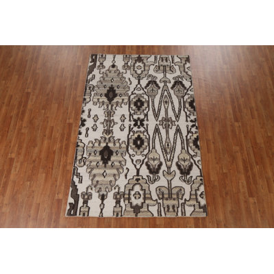 Tapis beige / brun en laine noué à la main de conception unique 5 pi 2 po x 7 pi 11 po