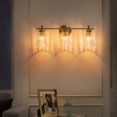 9.5 in. Vintage Brass Bathroom Vanity Light with Clear Fluted Glass Bell Shades (1/2/3-Light Options)