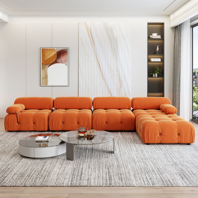  Cylar 138.6'' Wide Velvet Reversible Modular Sofa & Chaise With Ottoman, Orange Velvet